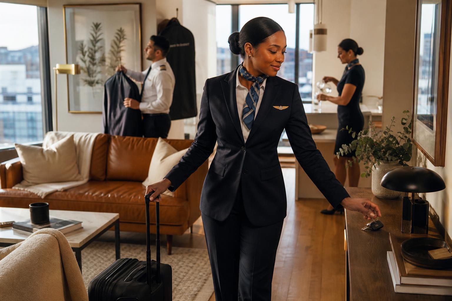 Flight attendant arriving at a furnished Baltimore apartment