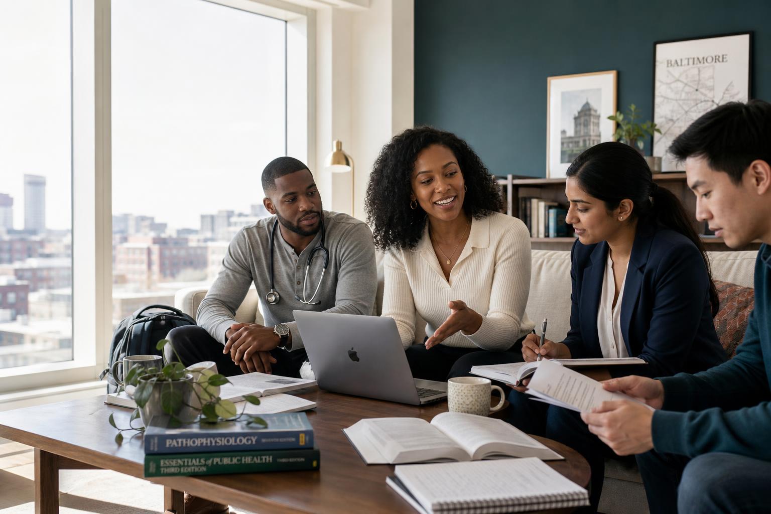 Diverse group of graduate students collaborating with laptops and books in a bright Baltimore apartment
