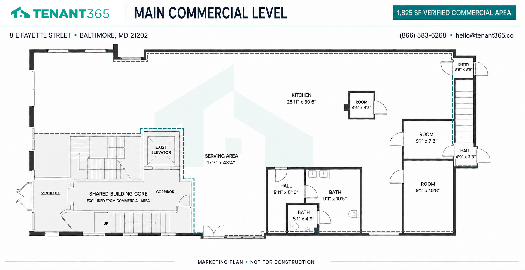 Main commercial level marketing floor plan for 8 E Fayette Street, Baltimore, showing 1,825 SF of verified commercial area with kitchen, serving area, two bathrooms, entry, hall and rooms.