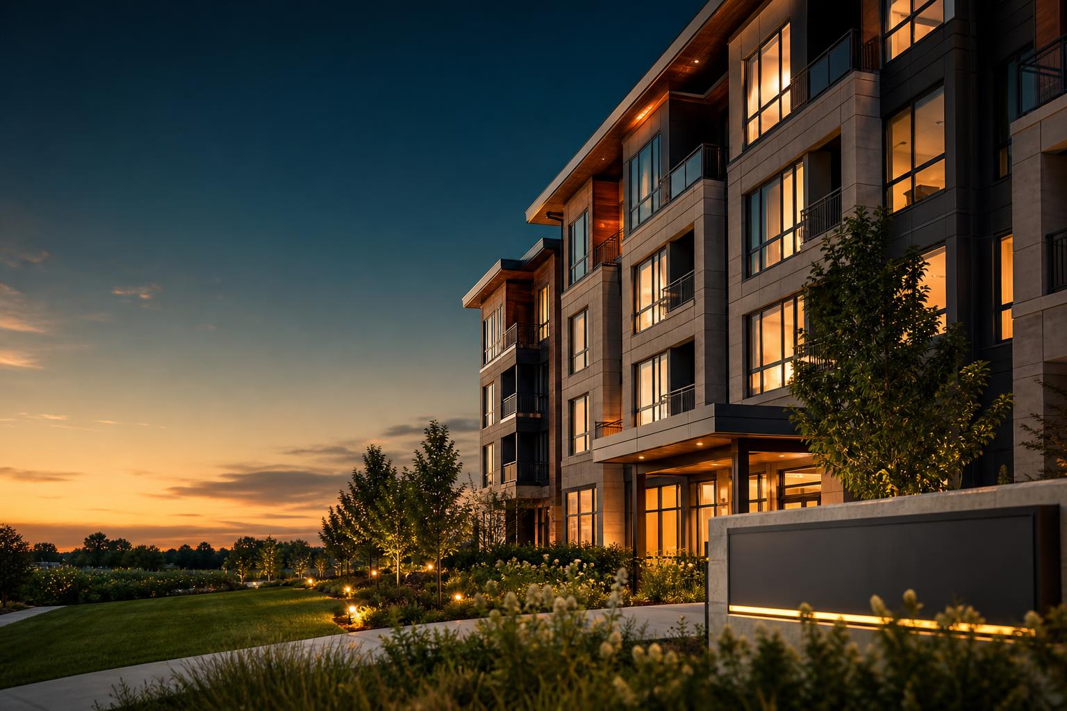 Property asset manager reviewing a leasing performance dashboard with occupancy, qualified leads, pipeline stages, and marketing attribution, with a multifamily apartment building in the background